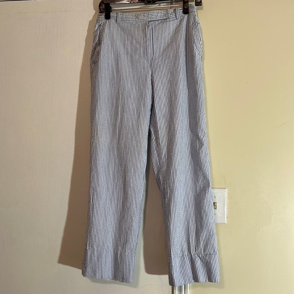 Kasper Blue Striped Cotton Seersucker Dress Trousers